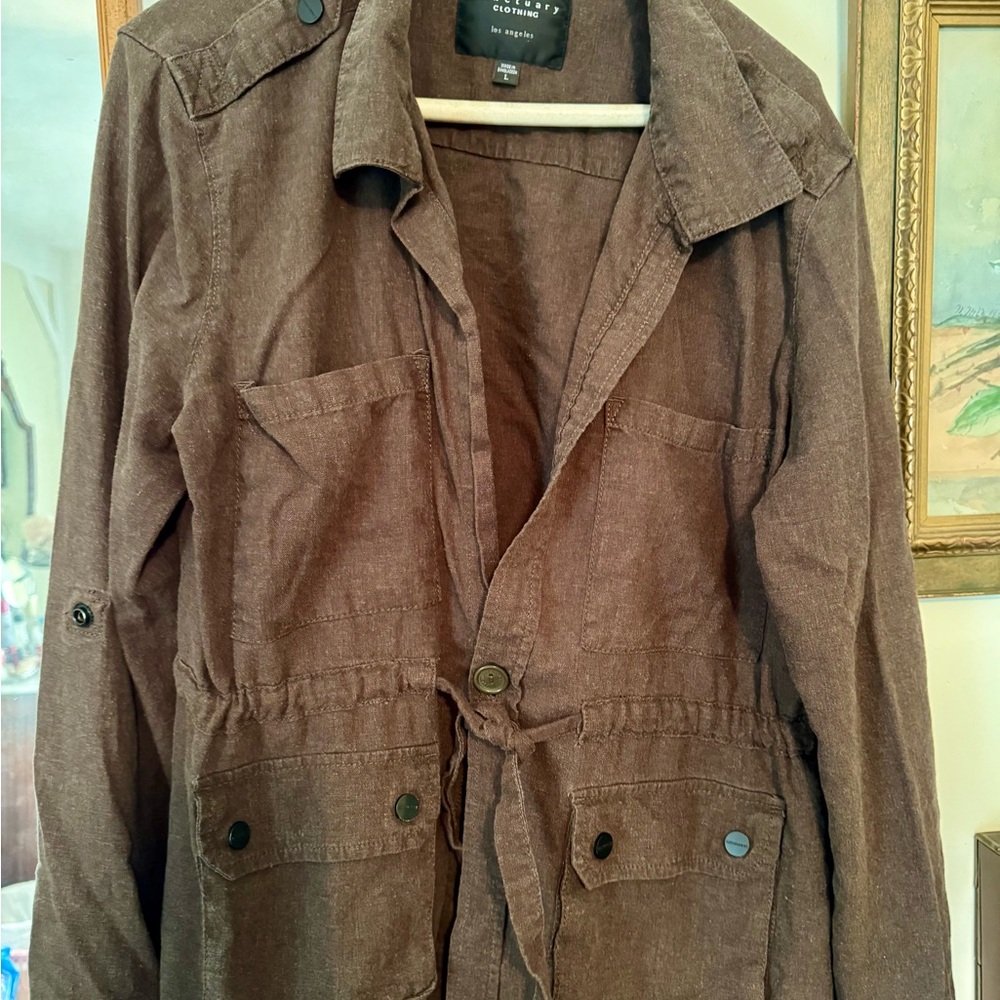Sanctuary Utility Washed Linen or Linen Blend Jacket Size Large Dark Olive Green - Picture 3 of 9